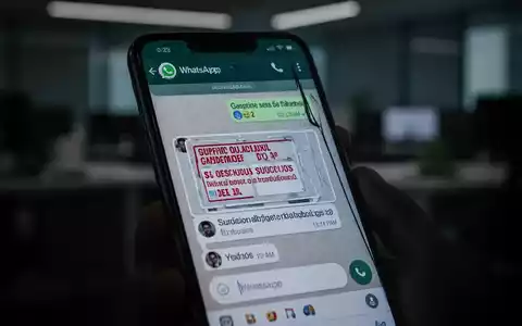 Ein Smartphone-Bildschirm zeigt eine WhatsApp-Nachricht mit einem verdächtigen Dateianhang vor einem unscharfen Bürohintergrund. - Foto: über boerse-global.de