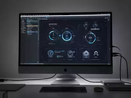 Nahaufnahme eines modernen Mac-Setups mit externem TV, verbunden per HDMI-Kabel, das eine Software-Oberfläche zeigt. - Foto: über boerse-global.de