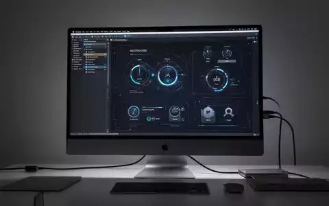 Nahaufnahme eines modernen Mac-Setups mit externem TV, verbunden per HDMI-Kabel, das eine Software-Oberfläche zeigt. - Foto: über boerse-global.de