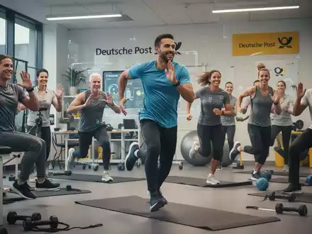 Mitarbeiter in einem modernen Büro, die an einem betrieblichen Gesundheitsprogramm teilnehmen, mit Physiotherapie und digitaler Sport-Challenge. - Foto: über boerse-global.de
