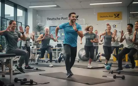 Mitarbeiter in einem modernen Büro, die an einem betrieblichen Gesundheitsprogramm teilnehmen, mit Physiotherapie und digitaler Sport-Challenge. - Foto: über boerse-global.de
