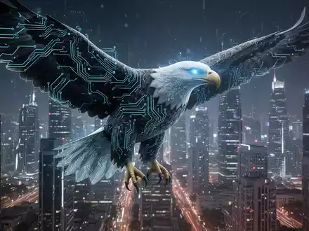 Ein digitaler Adler mit Leiterplattenmustern fliegt über eine futuristische Stadt, symbolisiert KI-gesteuerte Cybersicherheit und Regierungsinitiativen. - Foto: über boerse-global.de