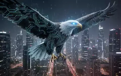 Ein digitaler Adler mit Leiterplattenmustern fliegt über eine futuristische Stadt, symbolisiert KI-gesteuerte Cybersicherheit und Regierungsinitiativen. - Foto: über boerse-global.de