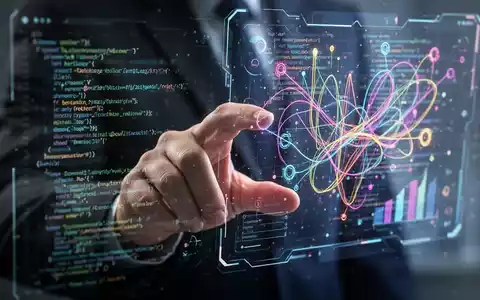 Eine Hand interagiert mit einer holografischen Schnittstelle, die abstrakten Code und Designelemente zeigt und KI-Werkzeuge für Design und Entwicklung symbolisiert. - Foto: über boerse-global.de