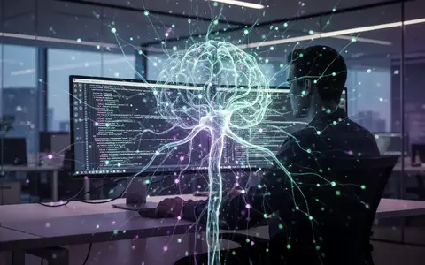 Leuchtendes neuronales Netzwerk über einem Softwareentwickler am Computer, symbolisiert die Integration von KI ins Programmieren. - Foto: über boerse-global.de