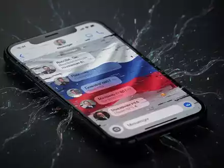 Smartphone-Bildschirm mit einer gestörten Messenger-App und russischer Flagge als Überlagerung, symbolisiert Cyber-Überwachung und Phishing-Angriffe. - Foto: über boerse-global.de