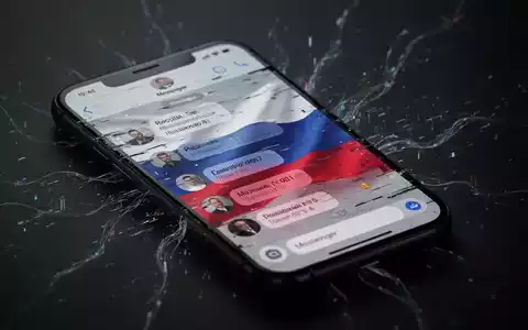 Smartphone-Bildschirm mit einer gestörten Messenger-App und russischer Flagge als Überlagerung, symbolisiert Cyber-Überwachung und Phishing-Angriffe. - Foto: über boerse-global.de