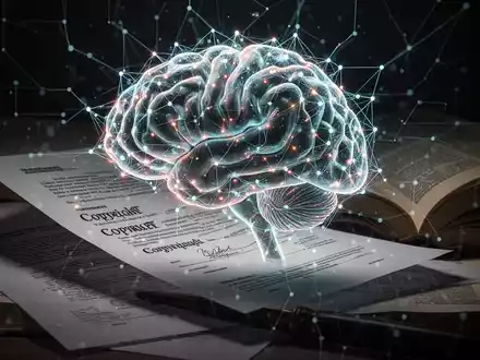 Ein stilisiertes neuronales Netzwerk-Gehirn leuchtet über offenen Büchern und Rechtsdokumenten, symbolisiert die Google Gemini-Urheberrechtsklage. - Foto: über boerse-global.de