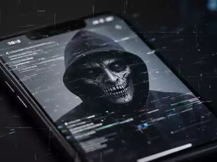 Nahaufnahme eines Smartphone-Bildschirms, der eine gestörte Oberfläche mit digitalen Linien und der Silhouette eines Hackers zeigt. Betrug. - Foto: über boerse-global.de