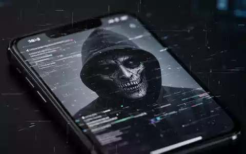 Nahaufnahme eines Smartphone-Bildschirms, der eine gestörte Oberfläche mit digitalen Linien und der Silhouette eines Hackers zeigt. Betrug. - Foto: über boerse-global.de