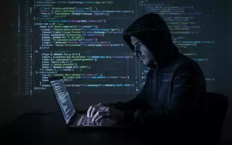 Verschattete Gestalt in Kapuzenjacke tippt auf Laptop, dahinter Code-Zeilen projiziert, symbolisiert Cyberkriminalität und Datendiebstahl. - Foto: über boerse-global.de