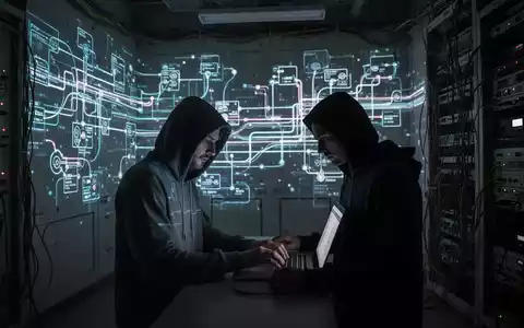 Eine Person in einem Kapuzenpulli tippt auf einem Laptop in einem schwach beleuchteten Industriekontrollraum, Netzwerkdiagramme an den Wänden projiziert. - Foto: über boerse-global.de