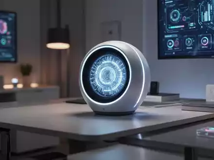 Schlanker, futuristischer Smart Speaker mit leuchtendem Kern vor unscharfem Hintergrund eines modernen Wohnraums. - Foto: über boerse-global.de