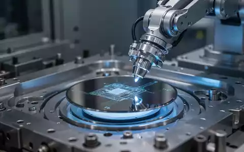 Roboterarm platziert Siliziumwafer auf Halbleiterfertigungsmaschine, fortschrittliche Chip-Produktion. - Foto: über boerse-global.de