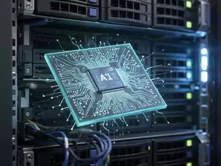 Nahaufnahme eines KI-Chips mit komplexen Schaltkreisen in einem Serverrack, sanft leuchtend, Symbol für fortschrittliche Technologie in einem Rechenzentrum. - Foto: über boerse-global.de