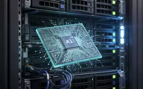Nahaufnahme eines KI-Chips mit komplexen Schaltkreisen in einem Serverrack, sanft leuchtend, Symbol für fortschrittliche Technologie in einem Rechenzentrum. - Foto: über boerse-global.de
