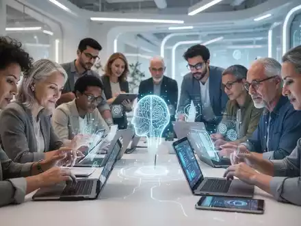 Menschen unterschiedlichen Alters nutzen digitale Geräte in einem modernen Lernraum, um ihre digitalen Fähigkeiten zu verbessern. - Foto: über boerse-global.de