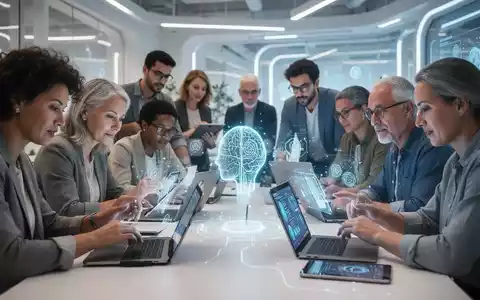 Menschen unterschiedlichen Alters nutzen digitale Geräte in einem modernen Lernraum, um ihre digitalen Fähigkeiten zu verbessern. - Foto: über boerse-global.de
