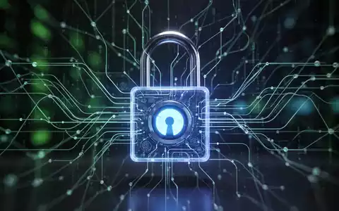 Leuchtend blaues digitales Vorhängeschloss über abstrakten Liniennetz, Symbol für KI-Sicherheit und Datenschutz. - Foto: über boerse-global.de