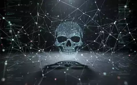 Dunkles, futuristisches digitales Netzwerk mit leuchtenden Linien und abstrakten Daten, ein subtiler bedrohlicher digitaler SchĂ€del, der KI-Cyberangriffe darstellt. - Foto: ĂŒber boerse-global.de