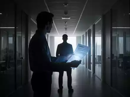 Eine Silhouette einer Person steht in einem dunklen Büroflur und hält ein leuchtendes Dokument, das einen Hinweisgeberschutzbericht symbolisiert. - Foto: über boerse-global.de