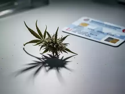 Eine einzelne, getrocknete Cannabisblüte liegt auf einer sterilen Oberfläche, mit einer unscharfen deutschen Krankenkassenkarte im Hintergrund. - Foto: über boerse-global.de