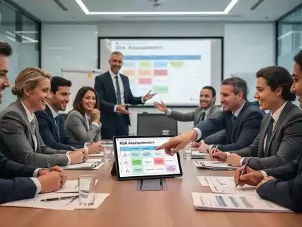 Geschäftsleute in einem Schulungsraum, die sich mit digitaler Sicherheitsschulung und Risikobewertung beschäftigen. - Foto: über boerse-global.de