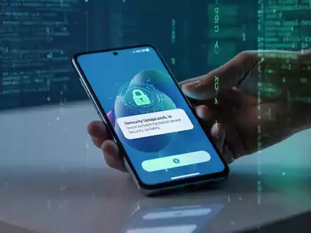 Ein Smartphone zeigt eine Sicherheitsupdate-Benachrichtigung auf dem Bildschirm, symbolisiert durch ein Schloss-Symbol und digitale Elemente. - Foto: über boerse-global.de