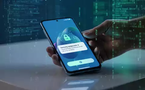 Ein Smartphone zeigt eine Sicherheitsupdate-Benachrichtigung auf dem Bildschirm, symbolisiert durch ein Schloss-Symbol und digitale Elemente. - Foto: über boerse-global.de