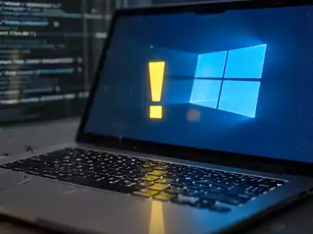 Nahaufnahme einer Laptop-Tastatur mit leuchtendem Windows-Logo auf dem Bildschirm und gelbem Ausrufezeichen als Symbol für einen technischen Fehler. - Foto: über boerse-global.de