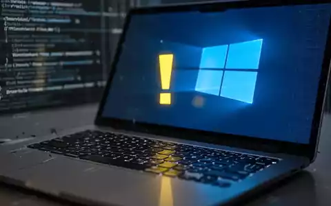 Nahaufnahme einer Laptop-Tastatur mit leuchtendem Windows-Logo auf dem Bildschirm und gelbem Ausrufezeichen als Symbol für einen technischen Fehler. - Foto: über boerse-global.de