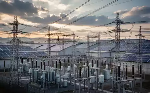 Ein komplexes Netz aus Stromleitungen und Umspannwerken mit Solarpaneelen auf kommerziellen Dächern im Hintergrund. - Foto: über boerse-global.de