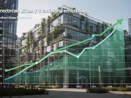 Eine stilisierte Grafik zeigt steigende indirekte und sinkende direkte Emissionen vor einem modernen, nachhaltigen Bürogebäude. - Foto: über boerse-global.de