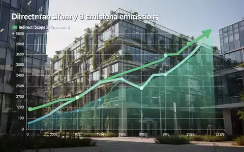 Eine stilisierte Grafik zeigt steigende indirekte und sinkende direkte Emissionen vor einem modernen, nachhaltigen Bürogebäude. - Foto: über boerse-global.de
