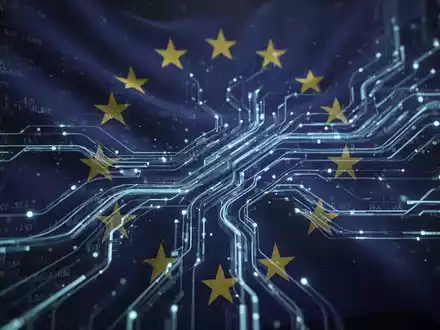 Ein abstraktes Bild, das den Fluss sensibler medizinischer Daten durch sichere digitale Pfade darstellt, mit einem Hauch der EU-Flagge. - Foto: über boerse-global.de