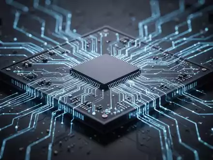 Nahaufnahme eines Hightech-CPU-Mikrochips mit leuchtend blauen Schaltkreisen, die fortschrittliche Halbleiterfertigung repräsentieren. - Foto: über boerse-global.de