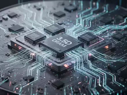 Nahaufnahme eines Hightech-Siliziumwafers mit komplexen Schaltkreisen und leuchtenden Datenpfaden von 3,5D-Chiplets und 3D-DRAM. - Foto: über boerse-global.de