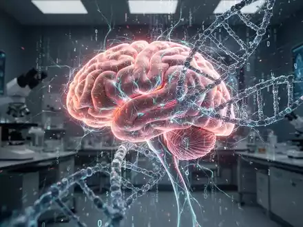 Ein stilisiertes, leuchtendes Gehirn mit neuronalen Pfaden, verknüpft mit DNA-Strängen und digitalen Datenströmen in einem dunklen Labor. - Foto: über boerse-global.de