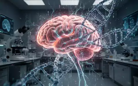 Ein stilisiertes, leuchtendes Gehirn mit neuronalen Pfaden, verknüpft mit DNA-Strängen und digitalen Datenströmen in einem dunklen Labor. - Foto: über boerse-global.de