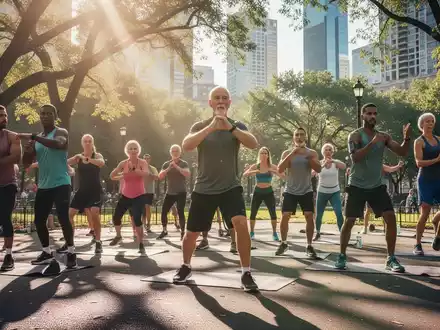 Eine vielfältige Gruppe von Menschen nimmt an einem kostenlosen Fitnesskurs im Freien in einem städtischen Park teil. - Foto: über boerse-global.de