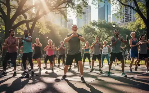 Eine vielfältige Gruppe von Menschen nimmt an einem kostenlosen Fitnesskurs im Freien in einem städtischen Park teil. - Foto: über boerse-global.de