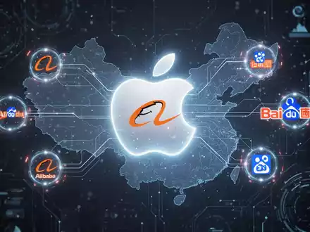 Leuchtendes Apple-Logo über China-Karte mit digitalen Verbindungen zu Alibaba- und Baidu-Logos, symbolisiert KI-Integration und behördliche Genehmigung. - Foto: über boerse-global.de