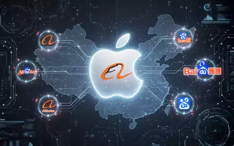 Leuchtendes Apple-Logo über China-Karte mit digitalen Verbindungen zu Alibaba- und Baidu-Logos, symbolisiert KI-Integration und behördliche Genehmigung. - Foto: über boerse-global.de
