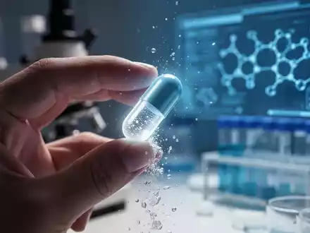 Nahaufnahme einer Hand, die eine leuchtende Medikamentenkapsel hält, mit verschwommenem Hintergrund aus Forschungsausrüstung. - Foto: über boerse-global.de