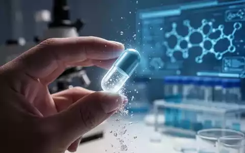 Nahaufnahme einer Hand, die eine leuchtende Medikamentenkapsel hält, mit verschwommenem Hintergrund aus Forschungsausrüstung. - Foto: über boerse-global.de