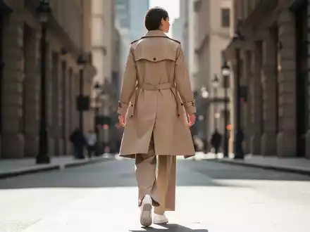 Eine stilvolle Frau in minimalistischer Kleidung, darunter ein beigefarbener Trenchcoat, geht selbstbewusst eine sonnige Stadtstraße entlang. - Foto: über boerse-global.de