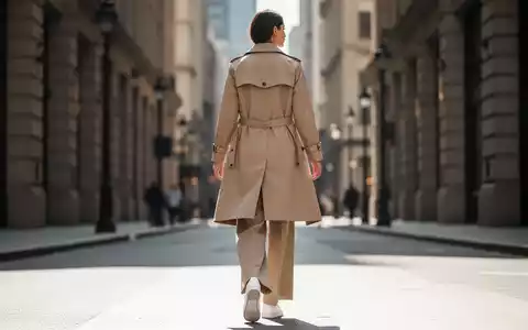 Eine stilvolle Frau in minimalistischer Kleidung, darunter ein beigefarbener Trenchcoat, geht selbstbewusst eine sonnige Stadtstraße entlang. - Foto: über boerse-global.de