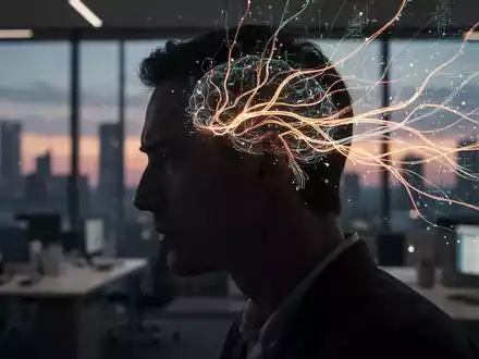 Eine Person im Profil mit leuchtenden Neuronen, die aus ihrem Kopf strömen, vor einem verschwommenen Bürohintergrund, der Stress symbolisiert. - Foto: über boerse-global.de