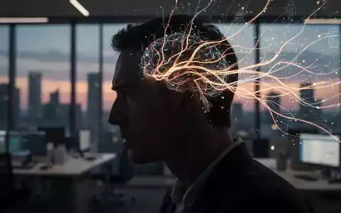 Eine Person im Profil mit leuchtenden Neuronen, die aus ihrem Kopf strömen, vor einem verschwommenen Bürohintergrund, der Stress symbolisiert. - Foto: über boerse-global.de