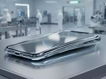 Schlankes, futuristisches Smartphone mit durchgehendem Glas, vierfach gebogenem Design und ohne sichtbare Display-Aussparungen, ruhend auf einer reflektierenden Oberfläche. - Foto: über boerse-global.de